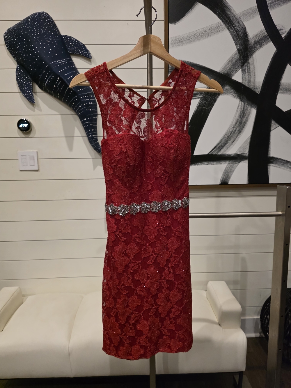 City Studio Red Lace Mini Dress with Crystal Waist Belt